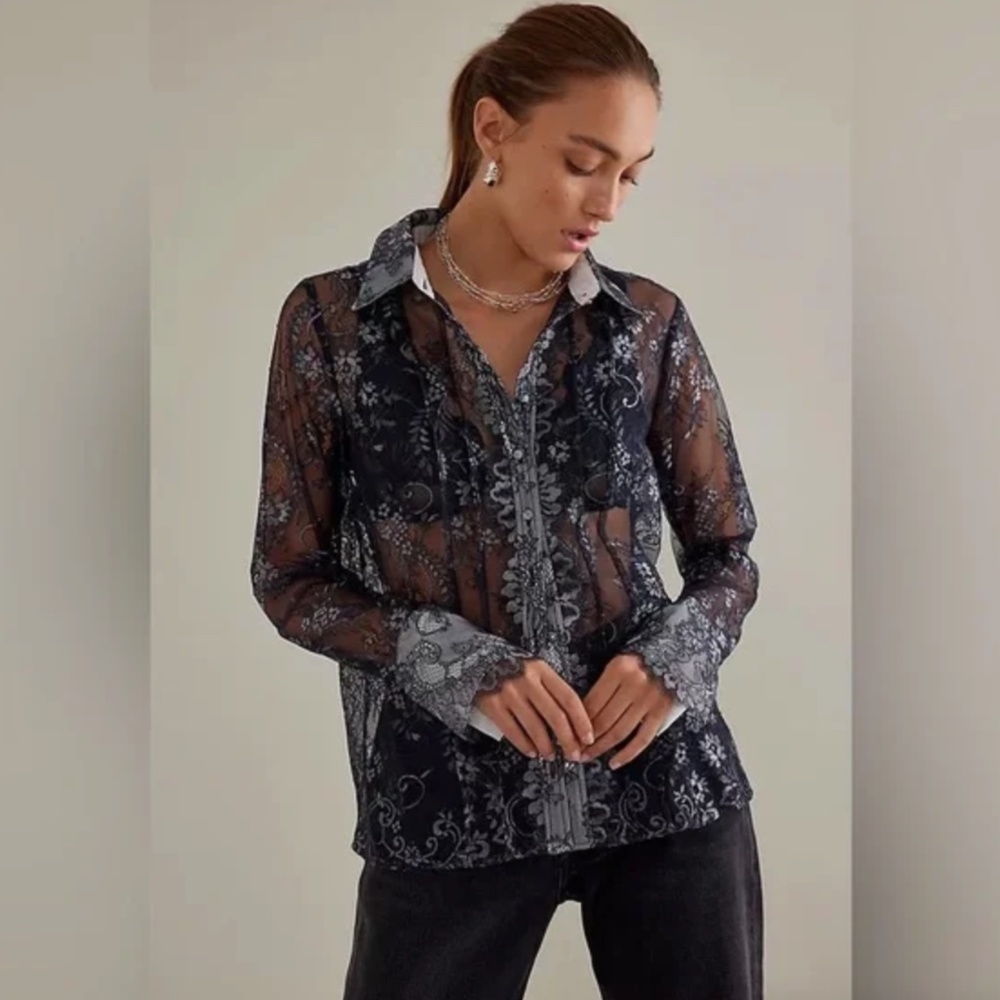 ✨4+ 50% OFF| Maeve Sheer Floral Embroidered Button-Down Top in Black and Gray